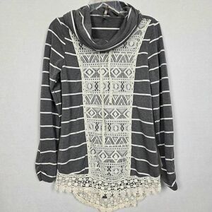 Vanity Gray Striped Lace Trim Hoodie Top Medium